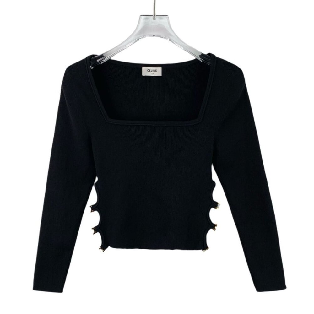 Celine Black Square Neck Long-Sleeved Knitted Top With Gold Hook Detail Mulberry